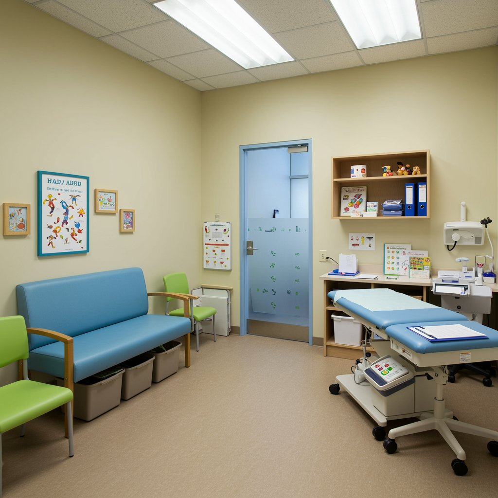 Modern pediatric exam room with calming blue and green décor, comfortable seating, and cheerful art, designed to support children during ADD and ADHD diagnosis and treatment at a pediatric clinic