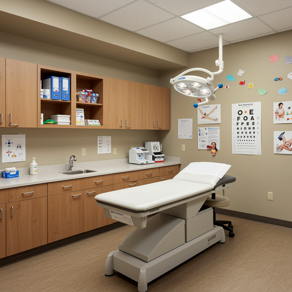 Modern pediatric exam room with warm beige and soft gray tones, clean exam table, organized cabinetry, and child-friendly decor highlights, illustrating a safe and inviting space for pediatric allergy testing at a pediatric clinic and urgent care.