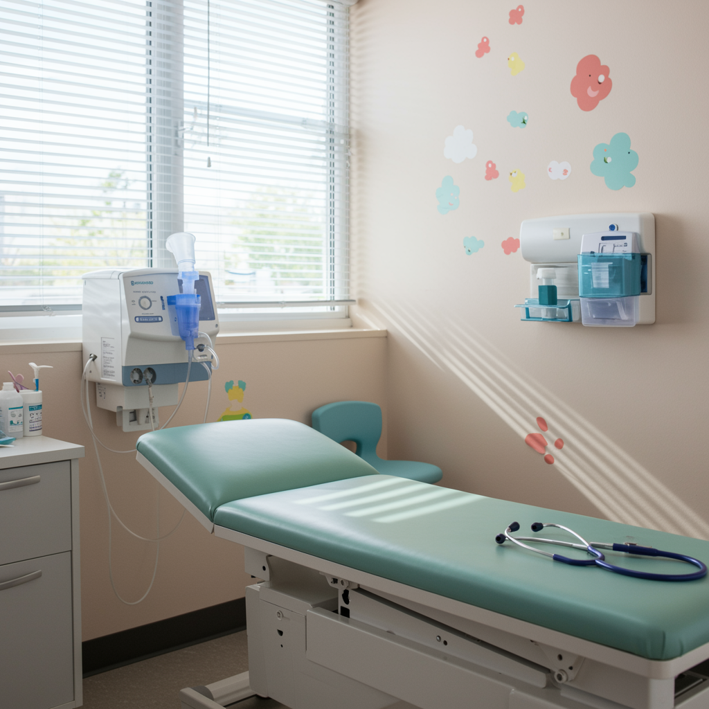 Modern pediatric exam room with clean asthma care equipment and soft, colorful decor, illustrating a child-friendly environment for asthma management at a pediatric clinic.