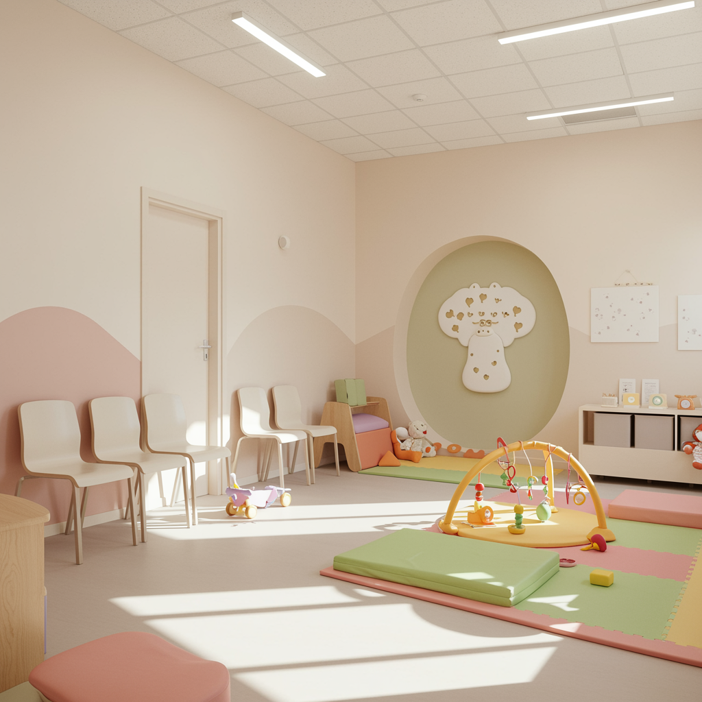 Modern pediatric clinic baby class room with pastel walls, comfy seating, play area, soft mats, and natural sunlight, showing a welcoming child-friendly environment.