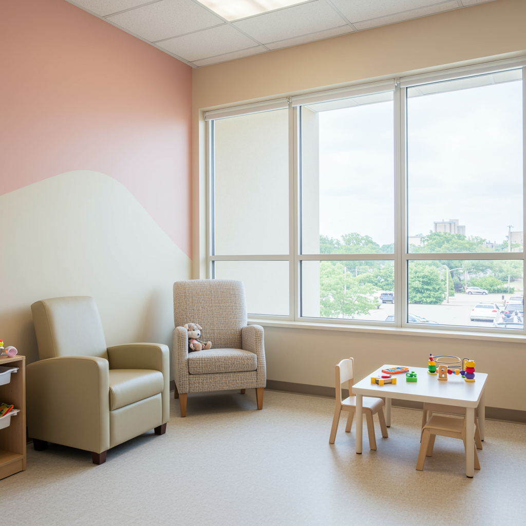 Calm pediatric exam room for behavioral health with soft pastel walls, natural light, and simple child-friendly furnishings in a pediatric clinic