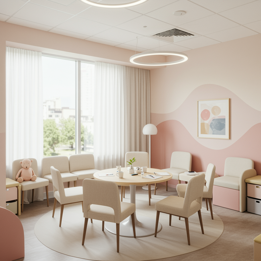 Inviting pediatric clinic consultation room with soft pastel colors, comfortable seating, natural lighting, and calm child-friendly décor