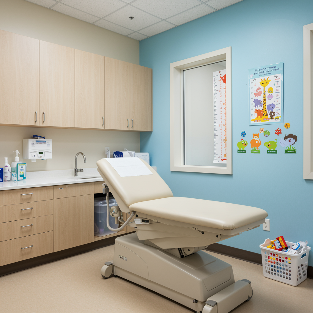 Clean pediatric clinic exam room with colorful walls, animal decor, and organized furnishings designed for child immunizations. Bright, child-friendly environment ideal for a pediatrician or urgent care pediatric clinic.
