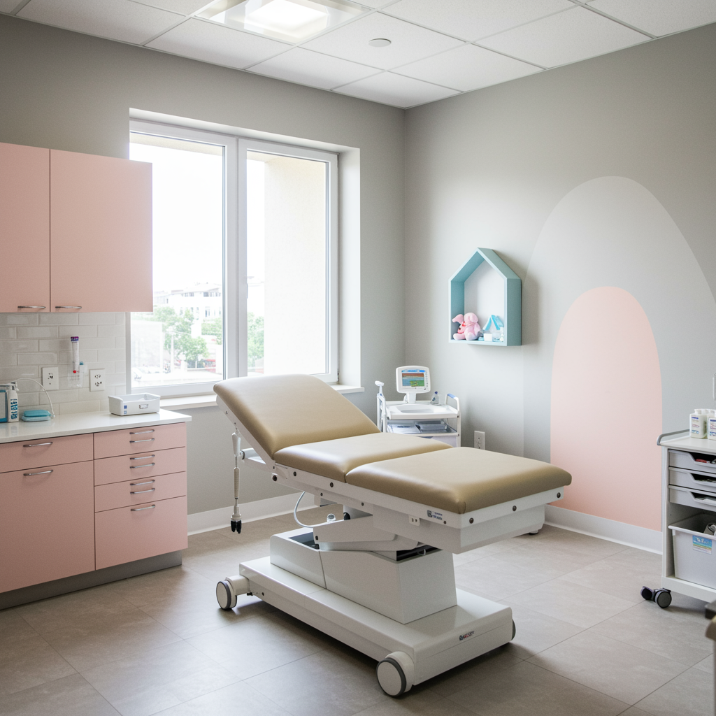 Modern pediatric clinic exam room for newborn visits with soft neutral colors, gentle lighting, and a calm, clean atmosphere highlighting a welcoming environment for infant care.