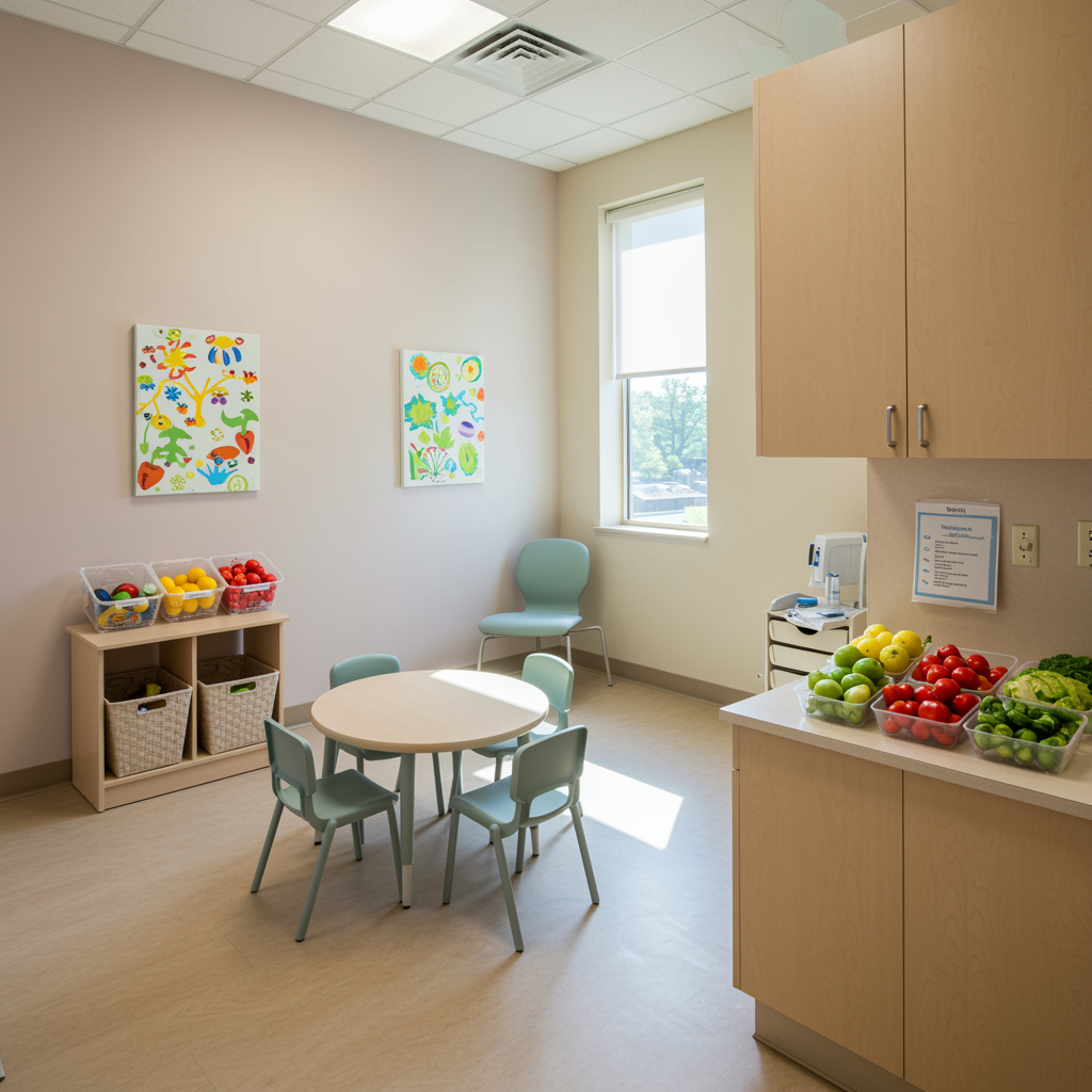Bright, welcoming pediatric consultation room for nutritional counseling with pastel walls, a comfortable meeting area, and healthy fruits and vegetables on display, designed for a pediatrician clinic specializing in children's wellness.
