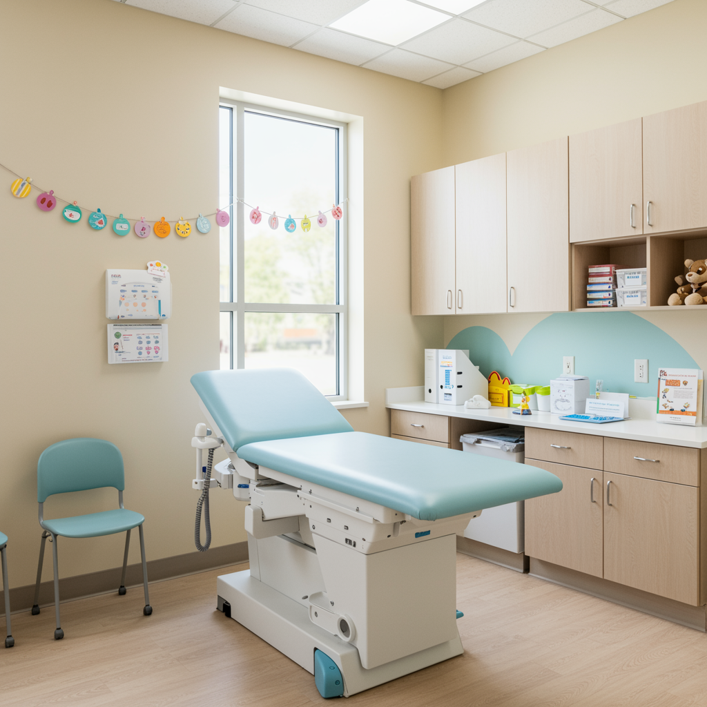 Modern pediatric urgent care exam room with bright colors, clean exam table, and child-friendly decor in a comfortable, inviting pediatric clinic.