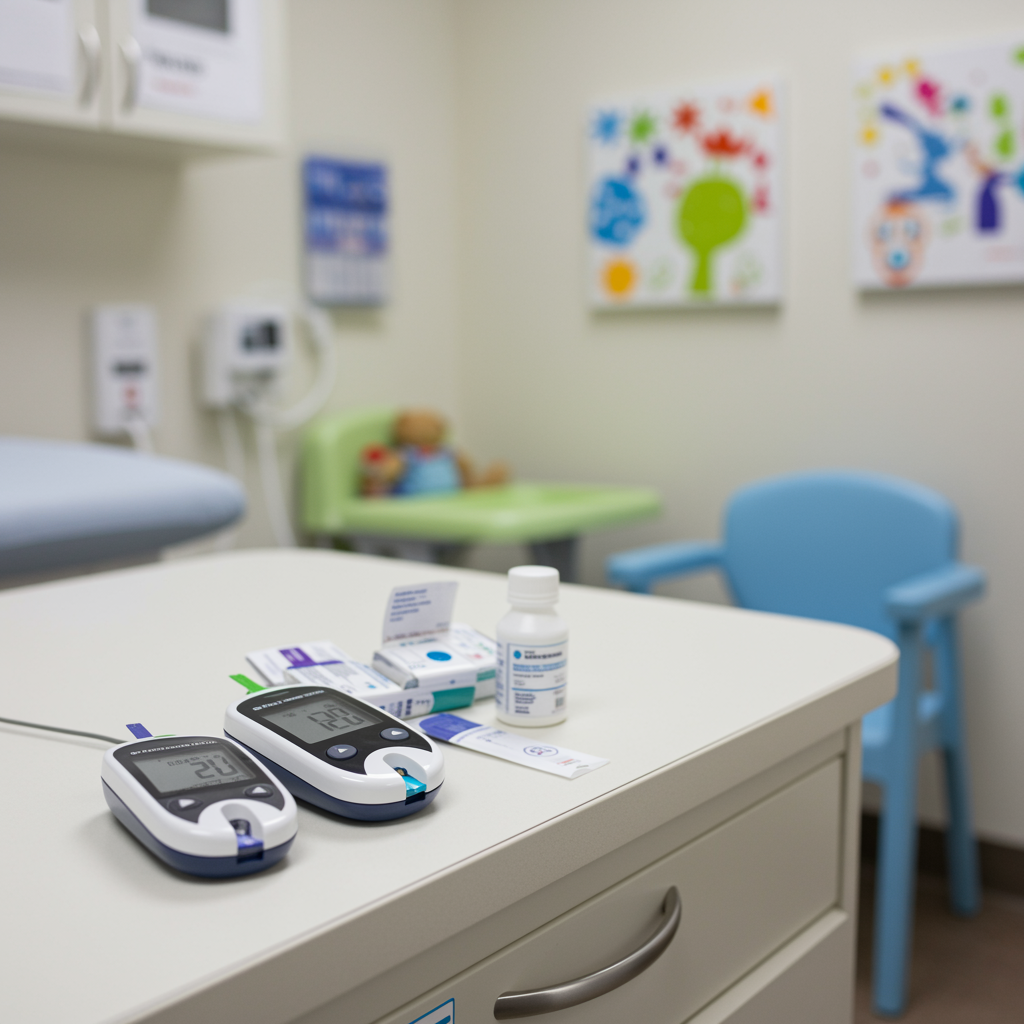 Inviting pediatric exam room with modern diabetes management equipment and child-friendly décor, showcasing a safe and comforting environment for pediatric diabetes care.