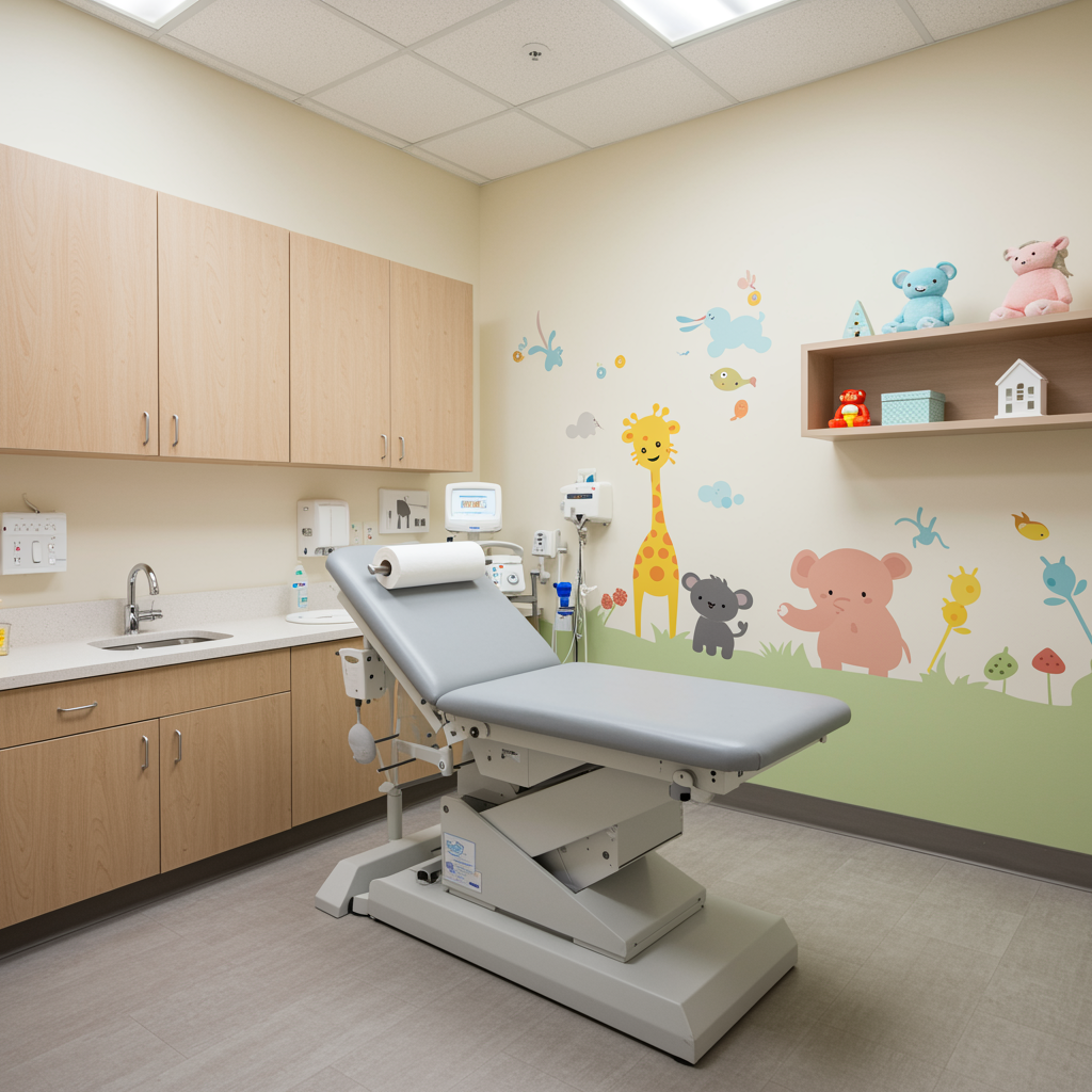 Pristine pediatric exam room with soft gray exam table, warm cabinetry, and cheerful animal mural, designed for child comfort at pediatric urgent care clinic.
