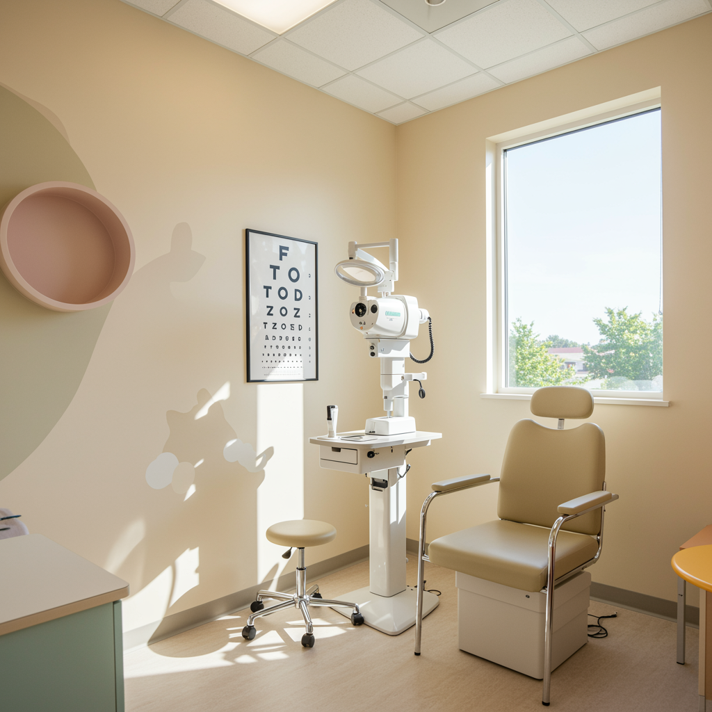Modern pediatric exam room with a dedicated vision screening area, featuring pastel walls, a child-friendly vision chart, and natural light, in a pediatric clinic and urgent care setting.