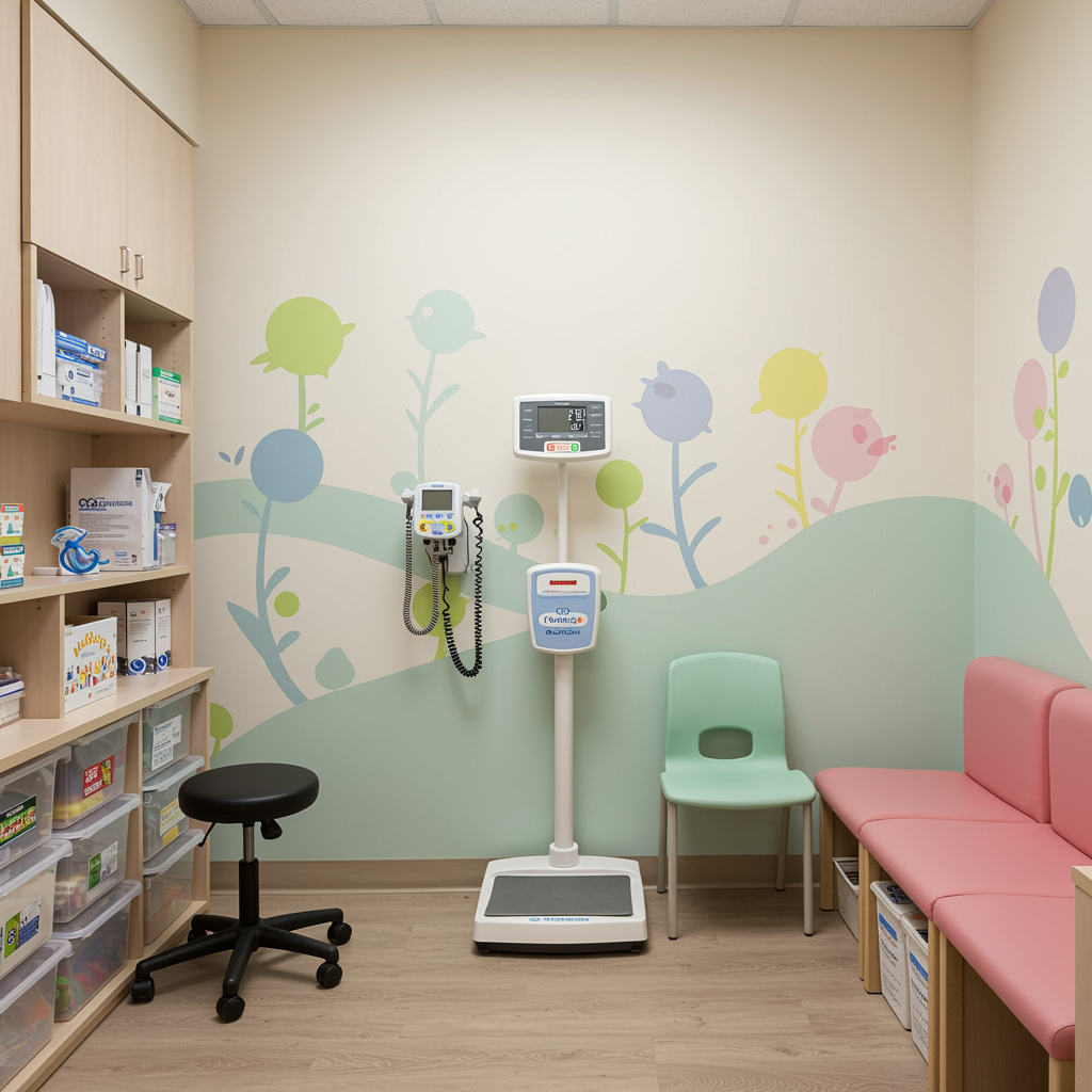 Modern pediatric exam room with a digital pediatric scale and inviting seating, designed for children's weight management at a pediatric clinic. Pastel wall accents and kid-friendly furnishings create a warm, clean environment.