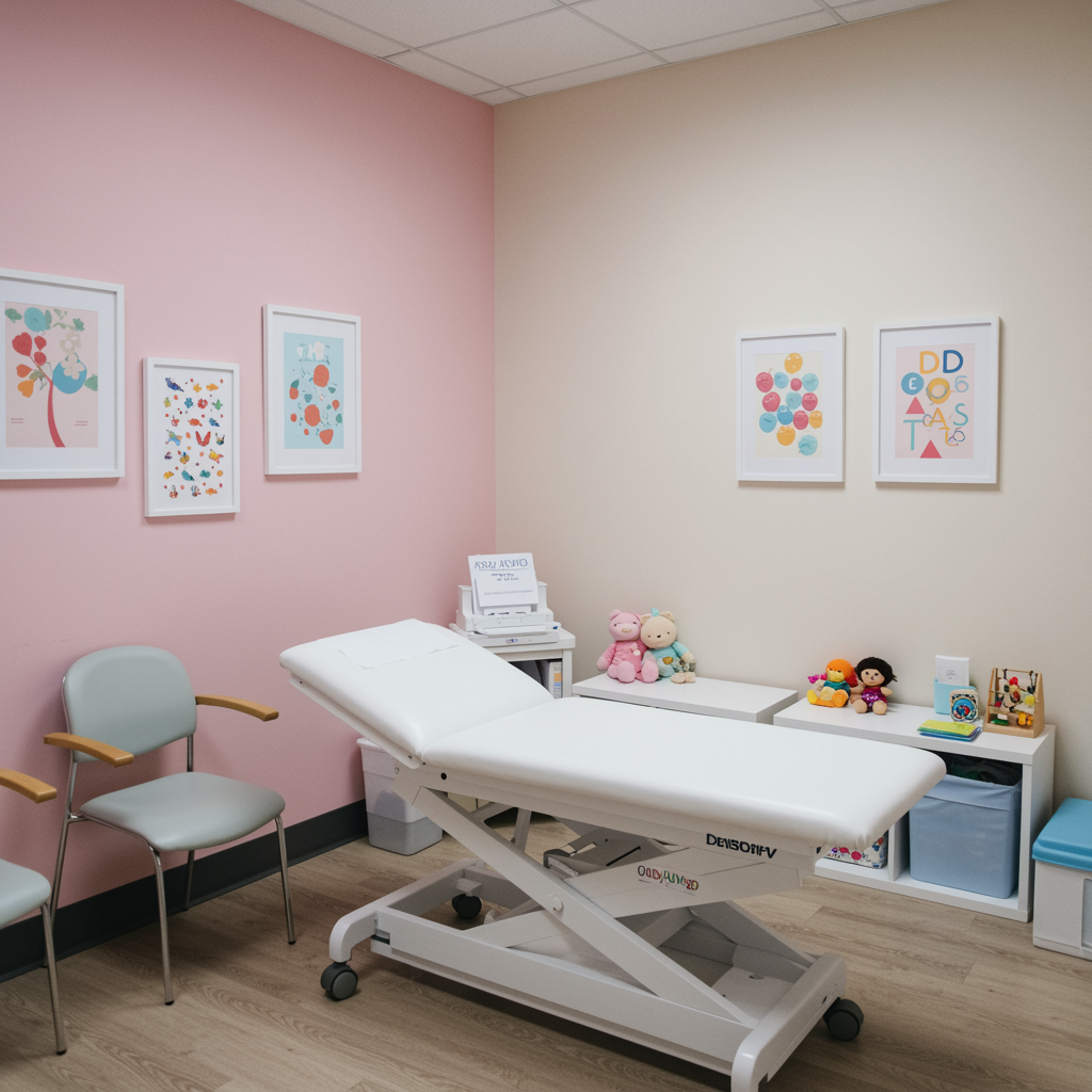 Modern pediatric clinic consultation room with pastel walls and child-friendly décor, designed for ADD/ADHD diagnosis and treatment, featuring a clean exam table and inviting seating with no people or medical tools present.