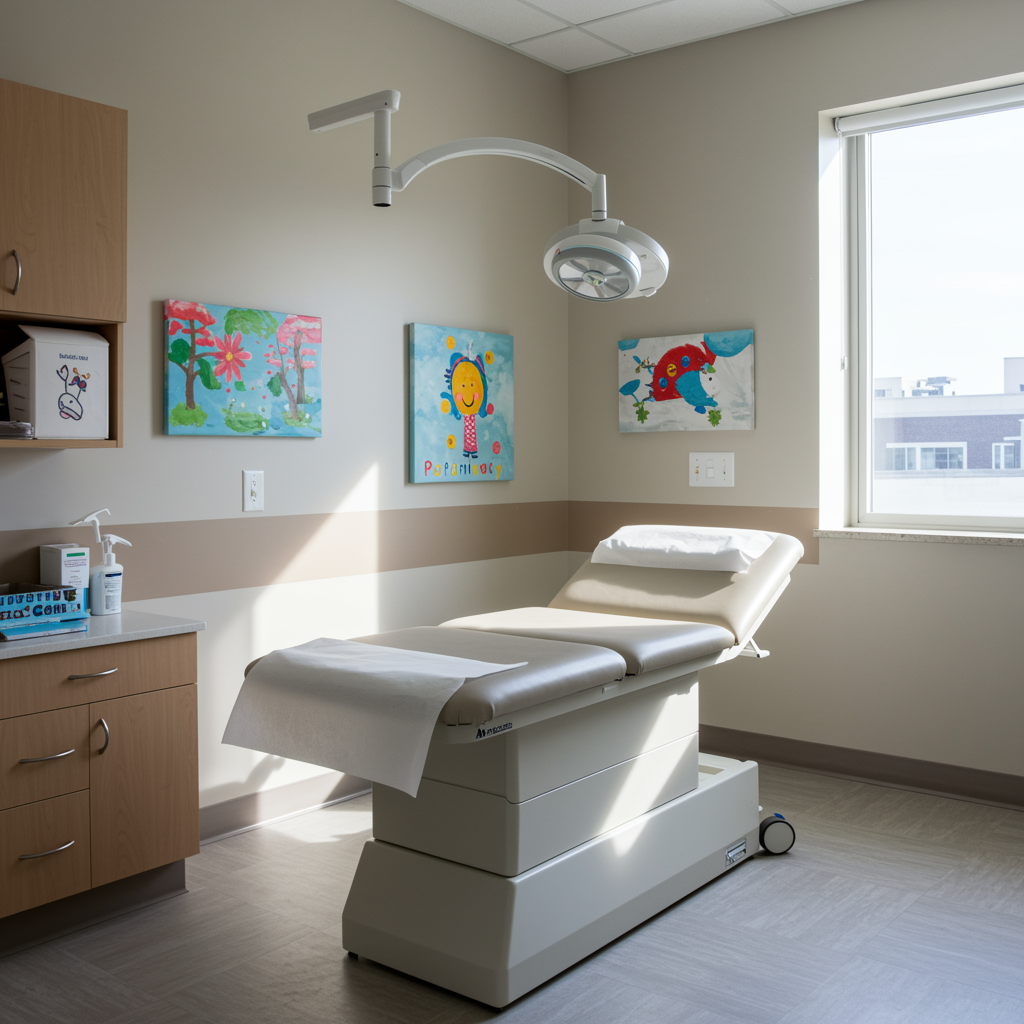 Modern pediatric asthma management exam room with bright, clean decor, soft gray and beige tones, and welcoming atmosphere at a pediatric clinic.