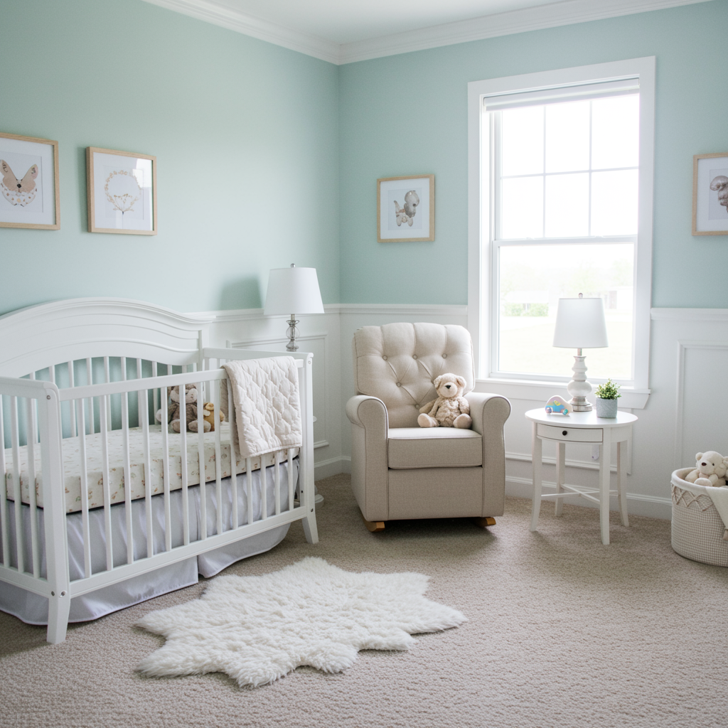 Serene nursery room with pastel walls, white crib, cozy rocking chair, and soft natural lighting, representing a comfortable and safe infant space after Baby Basic Classes at a pediatric clinic.