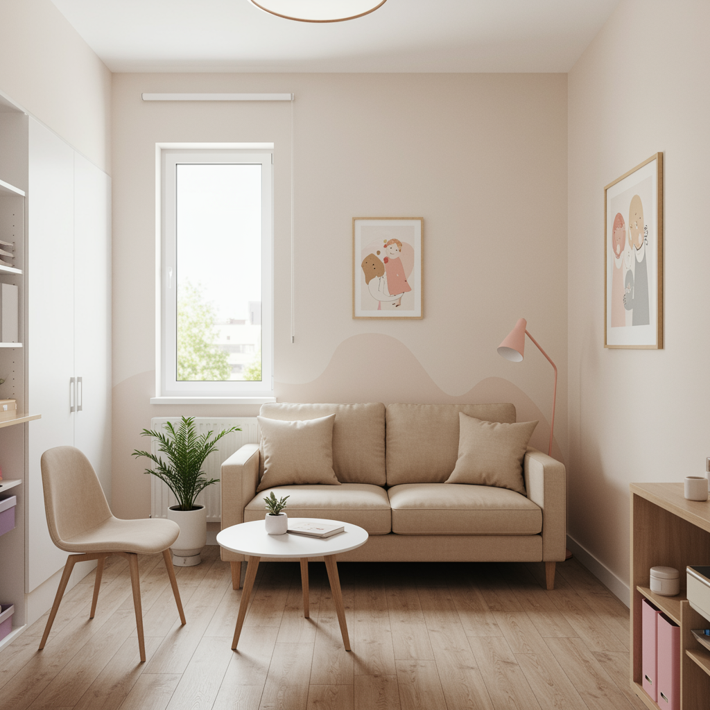 Cozy pediatric consultation room with a comfortable sofa, soft pastel colors, natural light, and inviting décor, designed for expectant parent consultations at a pediatric urgent care clinic.
