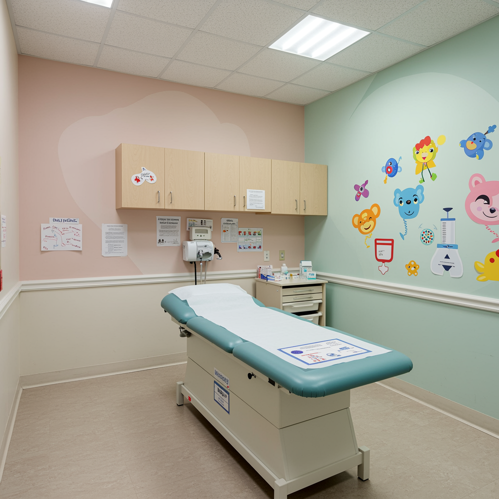 Modern pediatric exam room with pastel walls, clean exam table, and gentle lighting, illustrating a child-friendly setting for immunizations at a pediatric clinic.