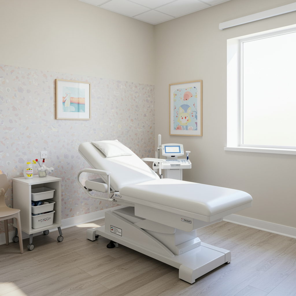 Modern pediatric exam room with gentle pastel accents, clean white exam table, and soft natural light, prepared for newborn baby visits with a warm and inviting atmosphere.