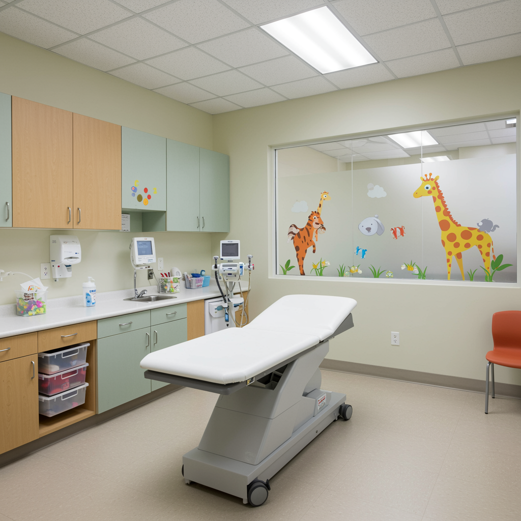 Modern pediatric urgent care exam room with pastel walls, animal decor, and bright cabinets, designed for a welcoming and soothing patient experience in a pediatric clinic.