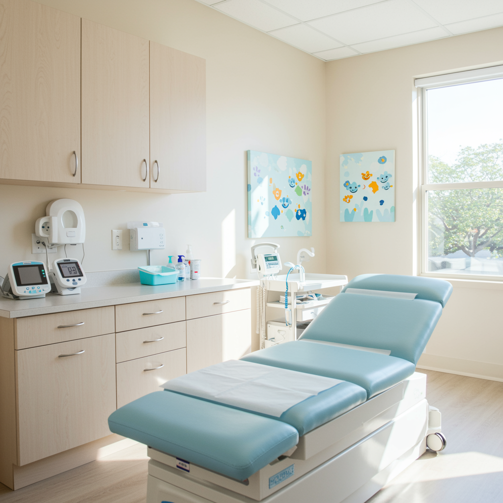 Modern pediatric exam room with welcoming decor, clean exam table, and gentle blue accents representing pediatric diabetes management in a children’s urgent care clinic.