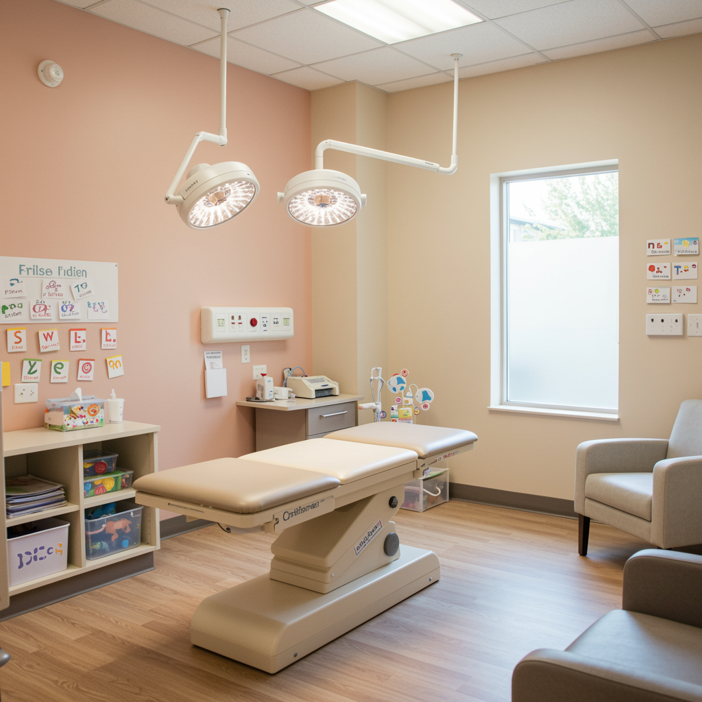 Clean and welcoming pediatric exam room with pastel walls, child-sized exam table, and cheerful decor, showcasing a comforting environment for a sick visit at a pediatric urgent care clinic.