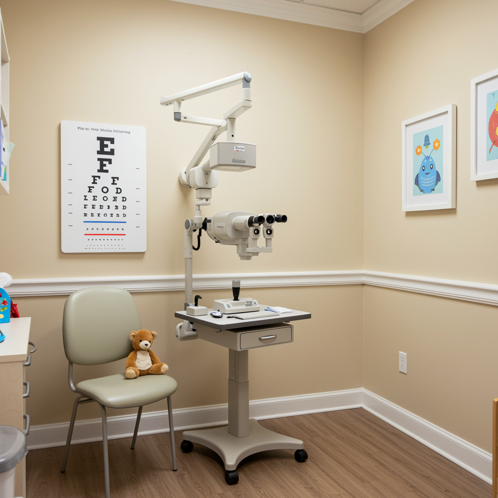 Modern pediatric exam room with a vision screening setup, eye chart on the wall, and child-sized chair in a clean, welcoming pediatric urgent care clinic.