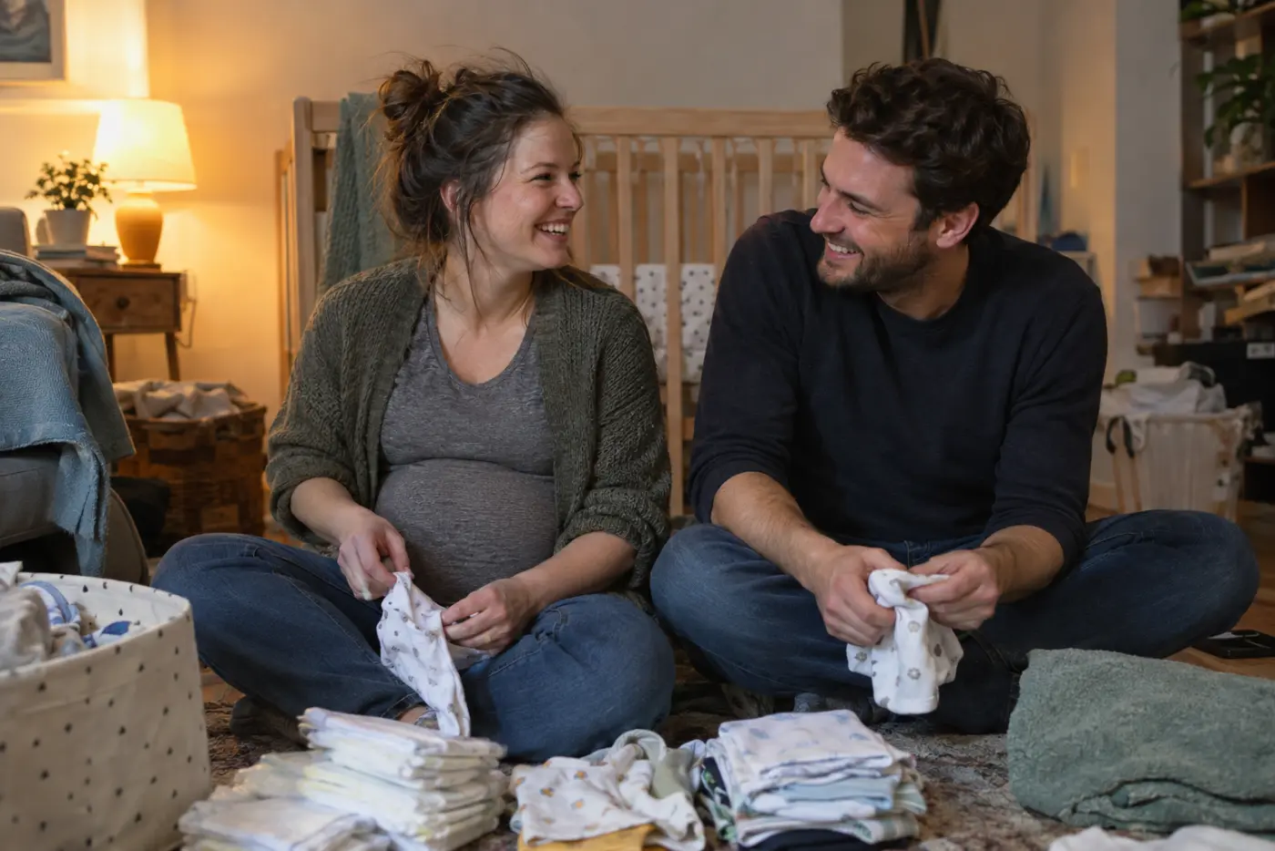 An expectant couple sorting newborn clothes and diapers in their nursery