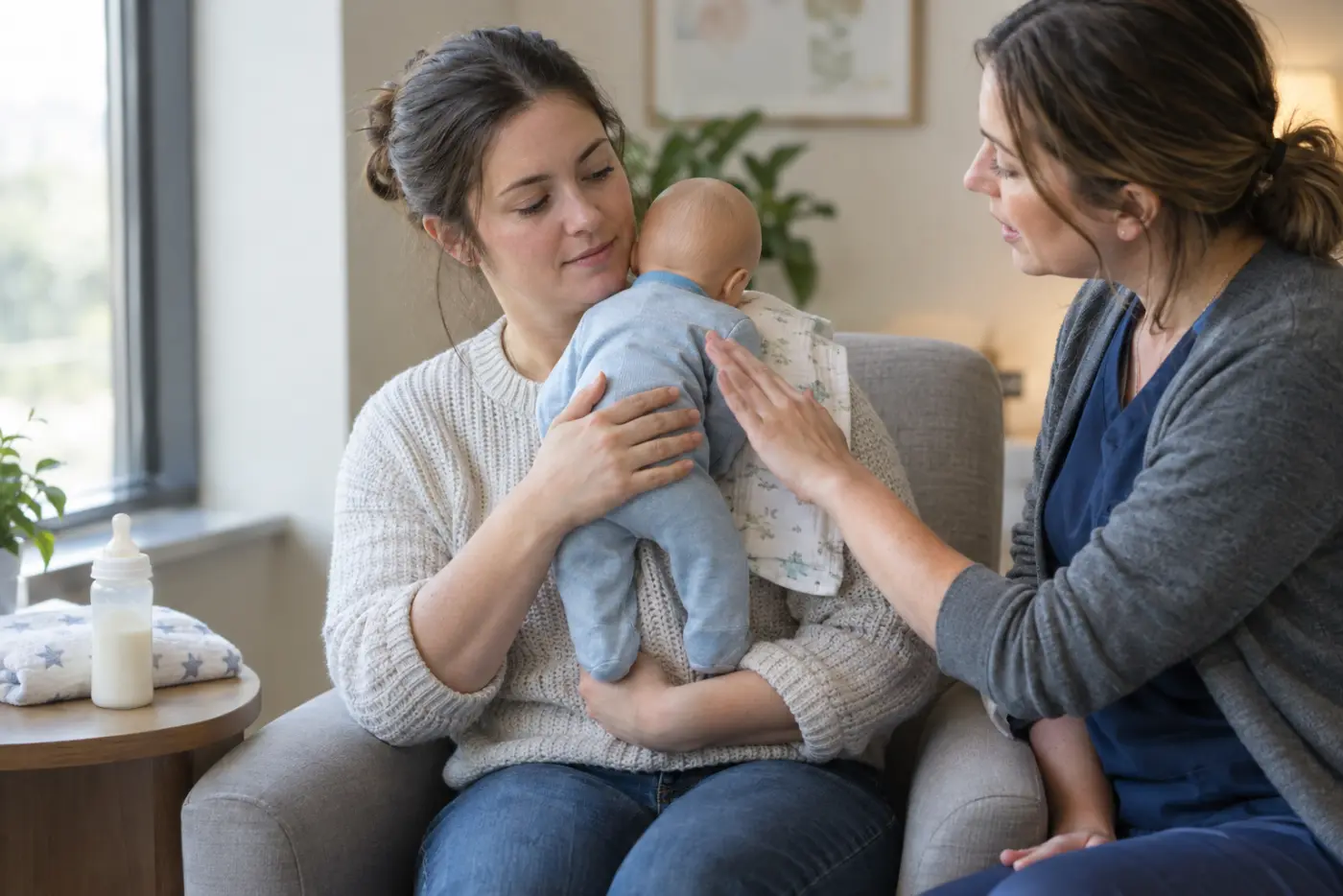 A new mother practices a burping hold with a newborn doll while a nurse shows a gentle pat