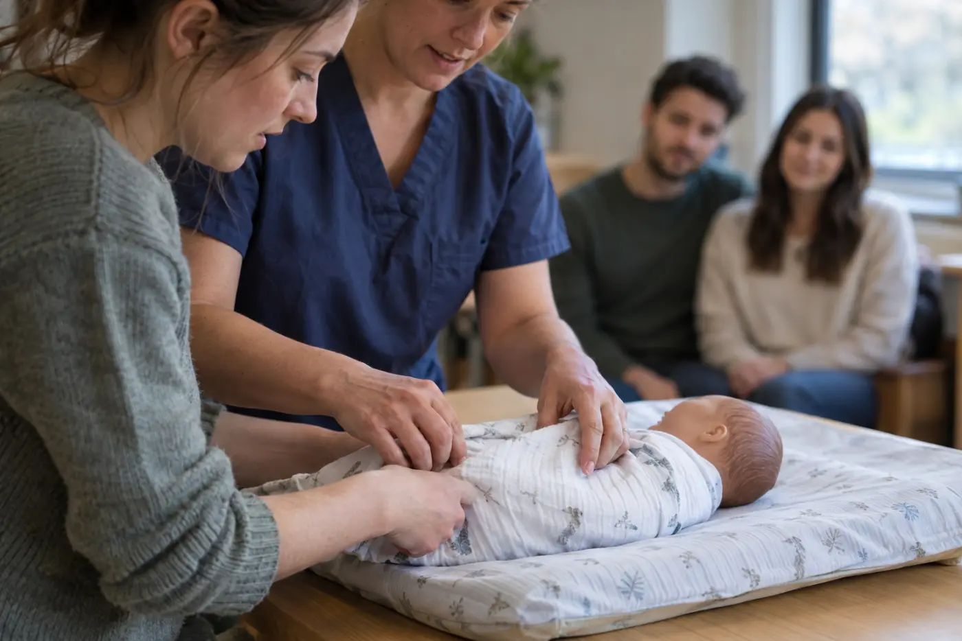 A nurse guides an expectant mother as she wraps a practice doll in a muslin swaddle